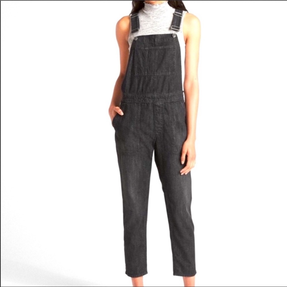 GAP Slouchy True Black Denim Overalls Xsmall Ankle Crop